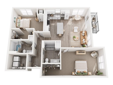 Floor plan for 2 beds, 2 baths, 1276 sqft
